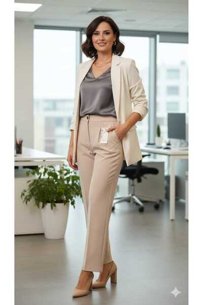 MODA Παντελόνι από ύφασμα υψηλής ποιότητας σε μπεζ χρώμα, σε στυλ γραφείου, π...