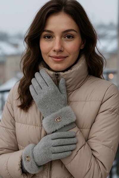 REMSA Fur Detail Women's Cashmere Gloves Eld-29 Gray