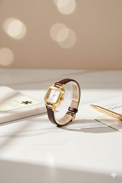 İnogge Minia Kare Model Kahverengi İnce Deri Kordonlu Minimal Kadın Kol Saati