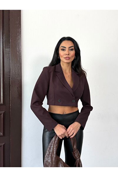 Bukamiss Women's Double-Breasted Crop Blazer Jacket Soft Plum