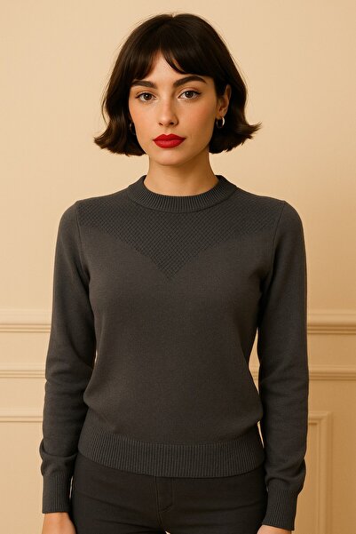 Okçu Triko File Knitting Detailled Circular Neck Tricot Sweater-26K74096-Blac...