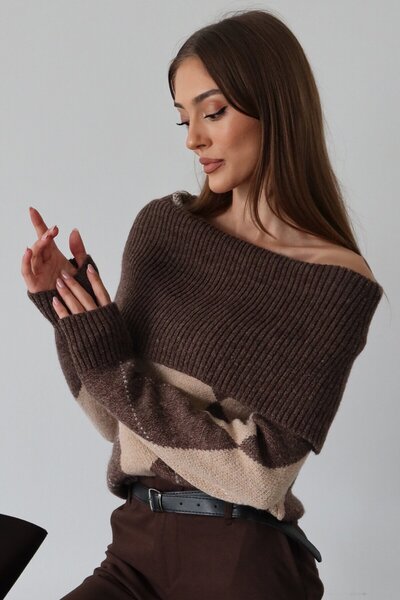 VAGGON Women's Brown Madonna Collar Patterned Knitwear Sweater Vs01475