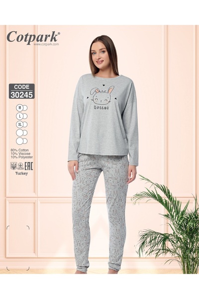 Cotpark Women's Cotton Stretch Fabric Long Sleeve Pajama Set - Gray 30245