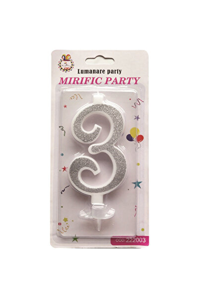 Mirific Party Silver glitter cake candle, 10.5 cm, number 3