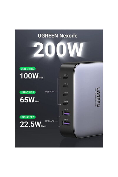 Ugreen , Desktop charger, 2xUSB-A, 4xUSB-C, GaN, 200W
