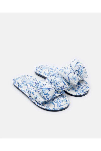 REDTAG Women White And Blue Bow Trim Printed Slipper