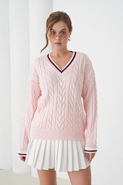 Noi Belis Hair Braid Detailed V-Neck Knitwear Sweater Aw25Kz0075