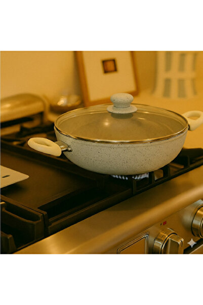 cc bin shihon 32cm Granite Deep Boiling Pan with Glass Lid / Non-stick Granite Flat Saucepan