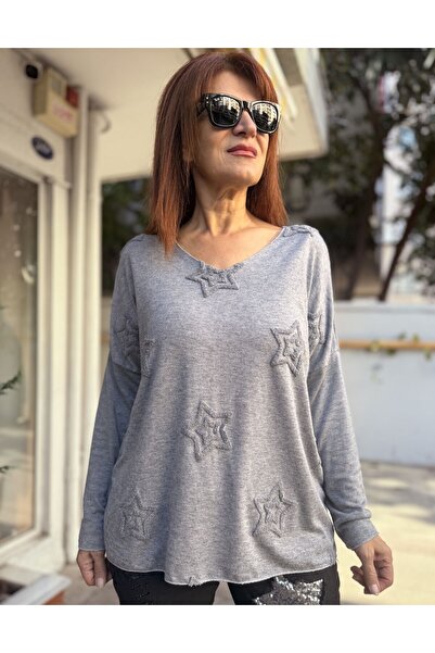 DenizEge Tricotaj cu decolteu în V cu stele în relief, gri