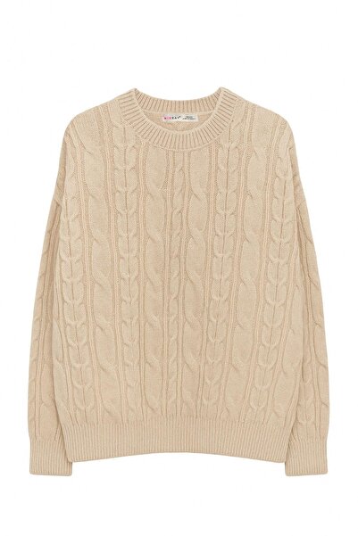 Mixray 6986 Women's Oversized Hair Weave Soft Textured Knitwear Sweater Beige