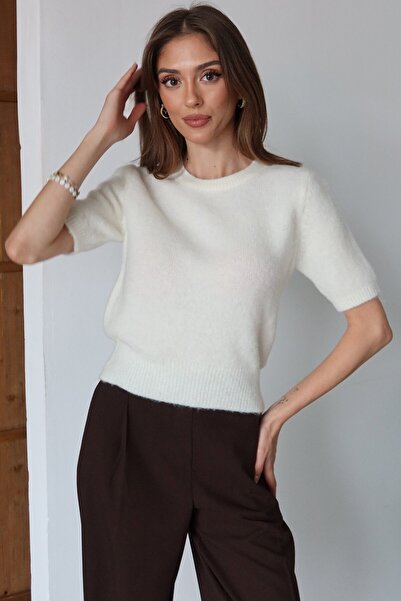 VAGGON Γυναικεία πλεκτή μπλούζα με μισό μανίκι εκρού Vs01474