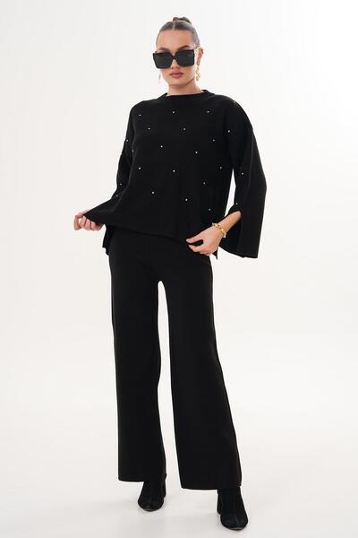 ŞİMAL Women's Stoned Wide Leg Pants Knitwear Knitted Set 255052 -