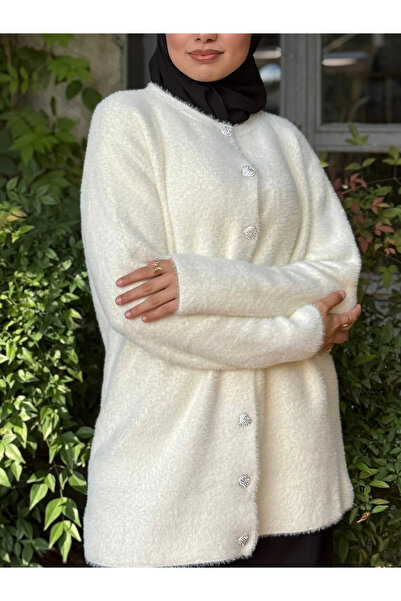 Jvelando Kalp Düğmeli Hırka Yumuşacık Dokulu Peluş -Beyaz