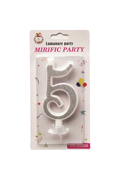 Mirific Party Lumânare tort cu sclipici argintiu, 10,5 cm, numărul 5