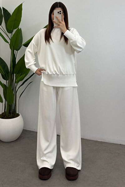 Ladima Women's Ecru Turtleneck Side Zipper Detailed Modal Suit