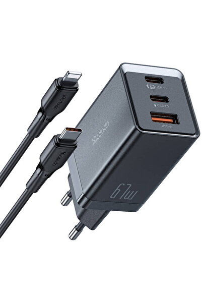 Mcdodo CH-1544 GaN wall charger, 2x USB-C, 1x USB, 67W + USB-C to Lightning cable (black)