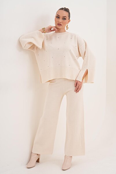 ŞİMAL Women's Stoned Wide Leg Pants Knitwear Knitted Set 255052 -