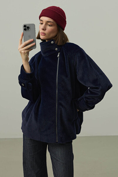 Fahhar Oversized Biker Jacket Navy Blue
