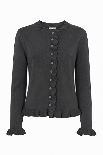 Mixray 6964 Women's Plain Ruffled Buttoned Cardigan Anthracite