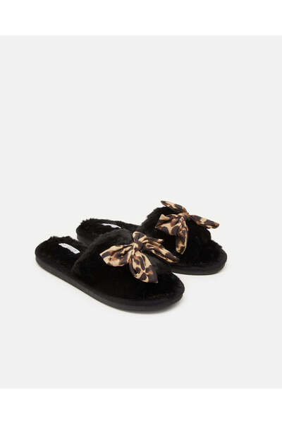 REDTAG Women Black Bow Flower Print Slipper