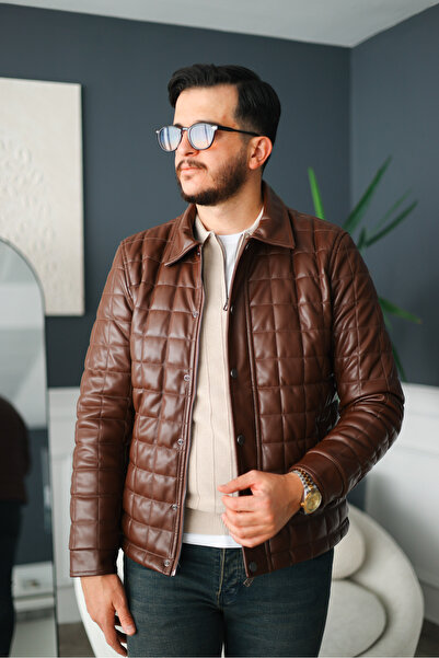 Avni Ceylan Men's Brown Slim Fit Quilted Leather Coat