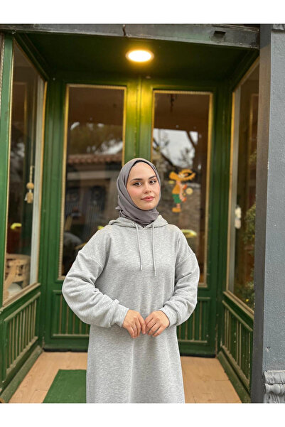 Jvelando Kapüşonlu Kışlık 3 İplik Tesettür Elbise Gri