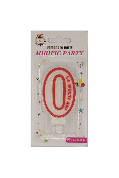 Mirific Party Cake candle, white and red, 7 cm, number 0