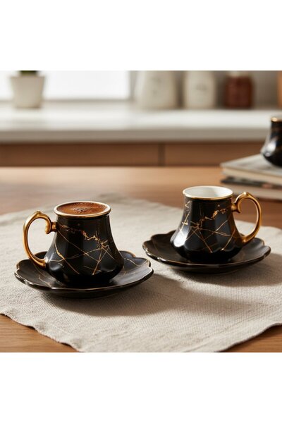 FAIR HOME Black Gold Marble Pattern 6-Person Porcelain Coffee Cup Set – 90 Ml.
