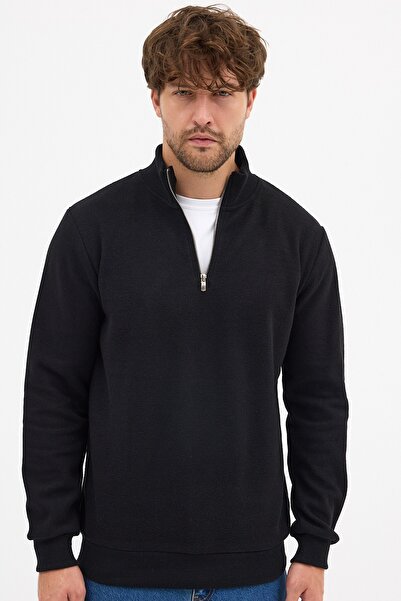 COMEOR سترة قطنية للرجال باللون الأسود ذات قصة عادية وياقة قائمة مع سحاب نصفي