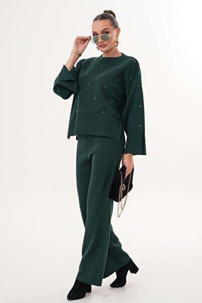 ŞİMAL Women's Stoned Wide Leg Pants Knitwear Knitted Set 255052 -