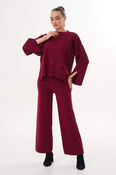 ŞİMAL Women's Stoned Wide Leg Pants Knitwear Knitted Set 255052 -