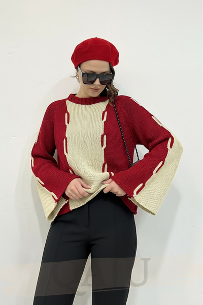 Qaju Women's Oversized Knitwear Sweater - Red Beige