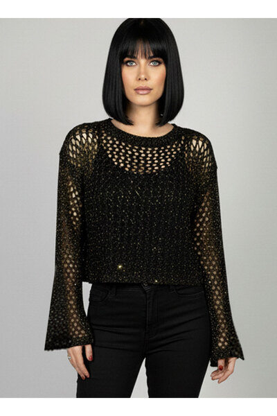 Teenage Millionaire Women's Black Gold Glitter Mesh Woven Long Spanish Sleeve Blouse