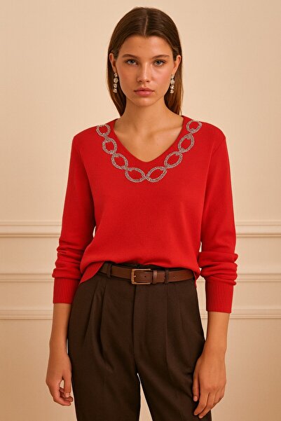 Okçu Triko ZİNCİR DESENLİ DERİN V YAKA TRİKO-26K74016-KIRMIZI-10