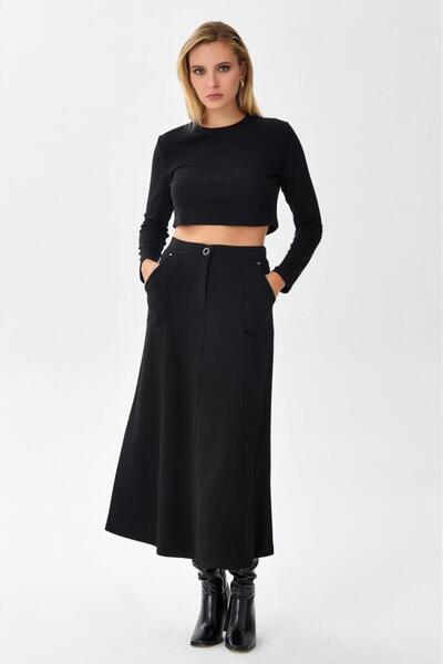 İKİLER Beli Lastikli Cepli Kloş Etek 256-2013