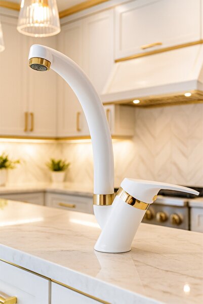 Viosa Beyaz Gold Detaylı Mutfak Evye Bataryası 5 Yıl Garantili Musluk