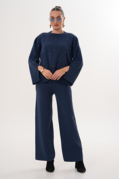 ŞİMAL Women's Stoned Wide Leg Pants Knitwear Knitted Set 255052 -