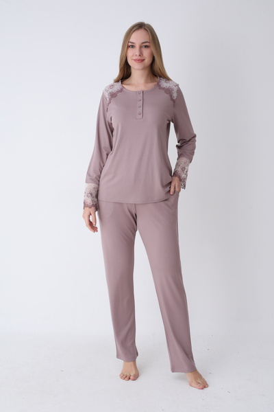 Cotpark Women's Cotton Stretch Fabric Long Sleeve Pajama Set - Brown 30107