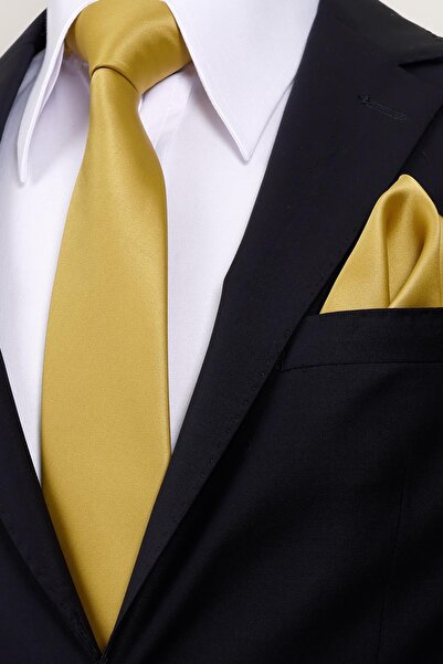 Esgue 8 cm Wide Gold Satin Handkerchief Tie – Premium Men's Tie in Special Gift Box