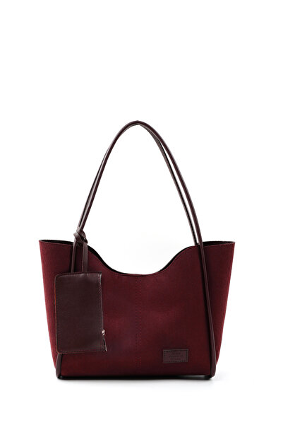 SHAKA Burgundy Suede Shk108 Women's Hand and Shoulder Bag with Snap Fastener Faux Leather Wallet and Makeup Bag