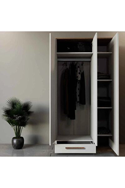 Stylish Home Three-door wardrobe and cabinet, white and brown - DLB03