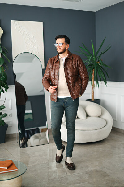 Avni Ceylan Men's Brown Slim Fit Quilted Leather Coat