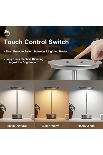 Taimi Cordless Rechargeable LED Table Lamp, 3-Colors,Touch Control,3 Brightness Levels, Silver- 28x13x9 cm