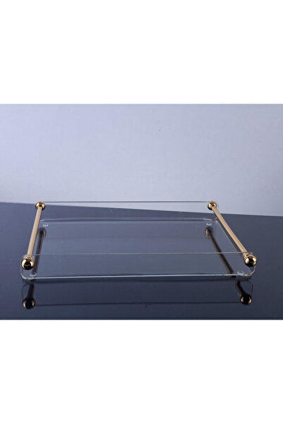 ARGKRİSTAL Transparent Plexiglass Decorative Presentation Tray with Gold Handle - 38X27X5 cm
