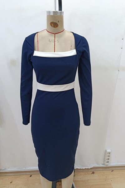 Mossta Геометричний комір, середньої довжини, імпортна крепова сукня - темно-синя