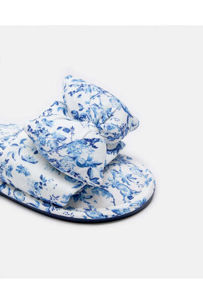REDTAG Women White And Blue Bow Trim Printed Slipper