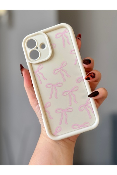 MİRAZ TASARIM iPhone 16 Plus Bow Patterned Ecru Case
