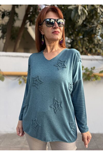 DenizEge Star Embossed V-Neck Knitwear Petrol Green