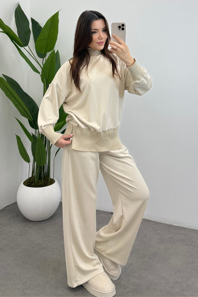 Ladima Women's Cream Turtleneck Side Zipper Detailed Modal Suit