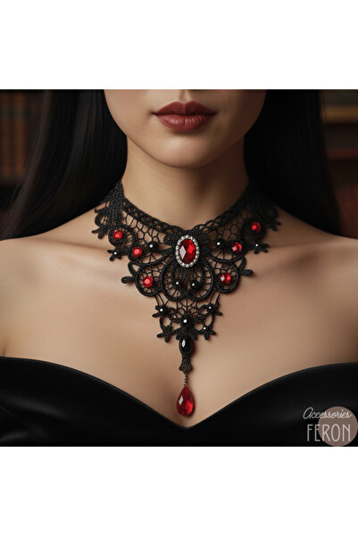 Feron accessories Siyah Dantel Gotik Choker Kolye – Kırmızı Taşlı Vintage Kad...